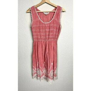 Max Studio Dress Size Small Pink White Embroidered Smocked Mini Sleeveless
